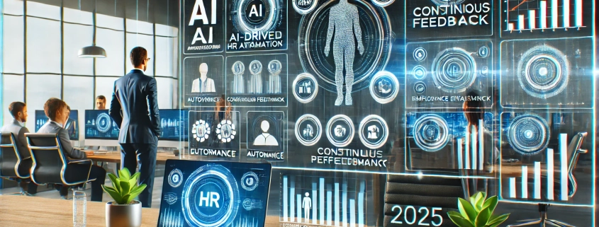 A futuristic office where HR professionals analyze AI-driven performance metrics on large digital screens. A sleek laptop displays an HR analytics dashboard, and holographic elements highlight automation, continuous feedback, and employee engagement trends. The modern, high-tech workspace embodies the future of performance management in 2025.