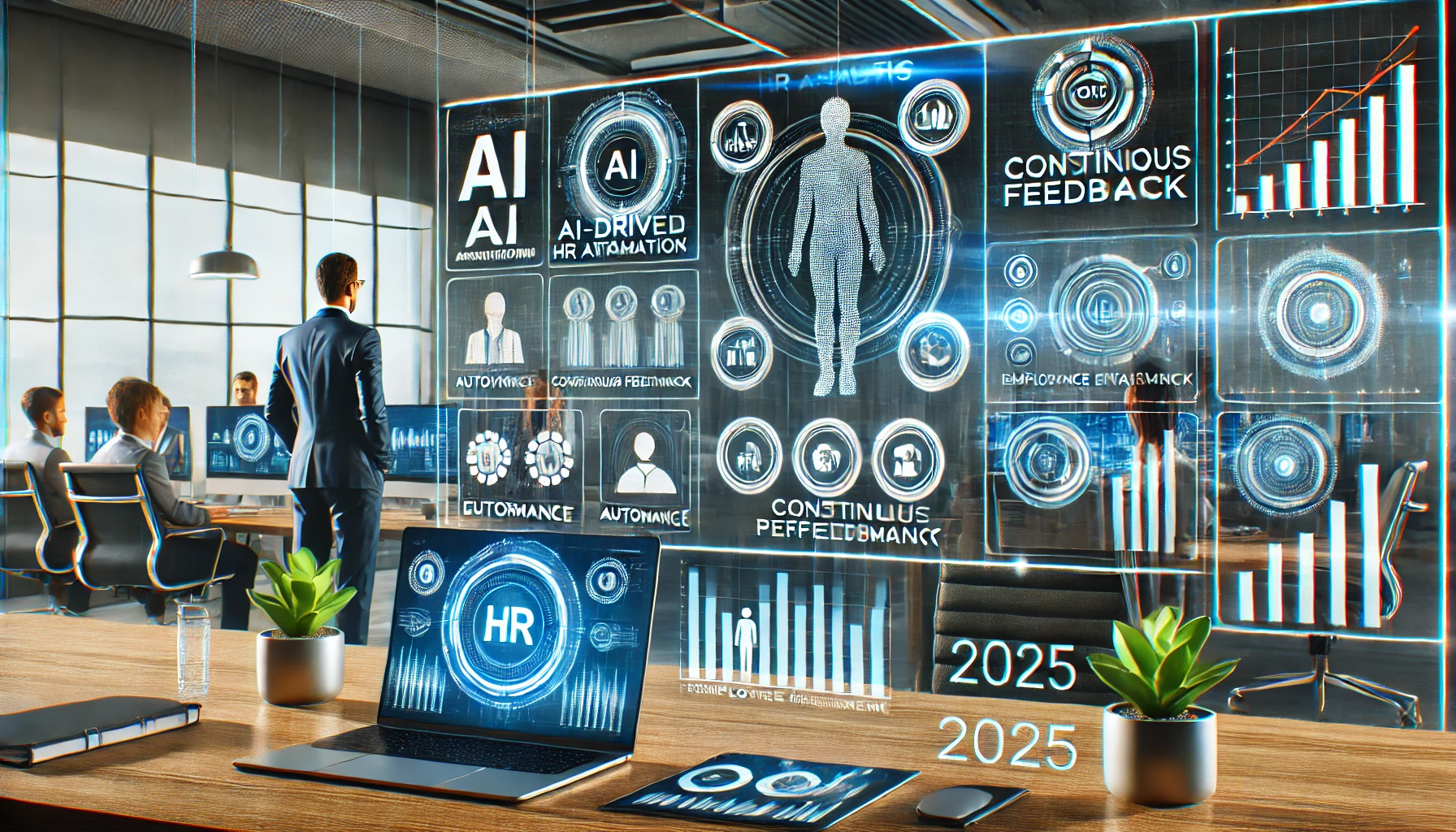 A futuristic office where HR professionals analyze AI-driven performance metrics on large digital screens. A sleek laptop displays an HR analytics dashboard, and holographic elements highlight automation, continuous feedback, and employee engagement trends. The modern, high-tech workspace embodies the future of performance management in 2025.