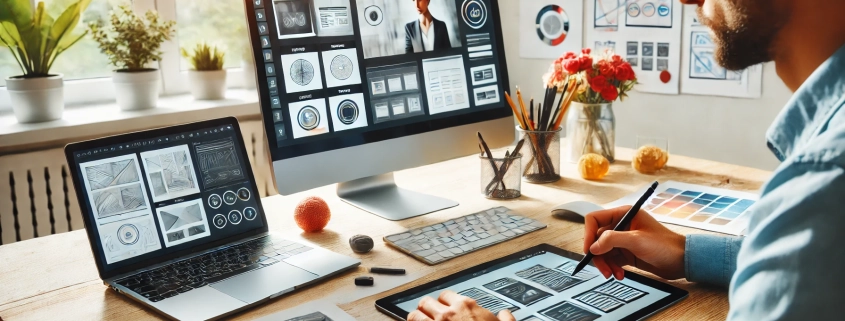 modern workspace where a designer is actively working on a website wireframe, arranging images and UI elements. The bright and professional setting highlights creativity and technical expertise.