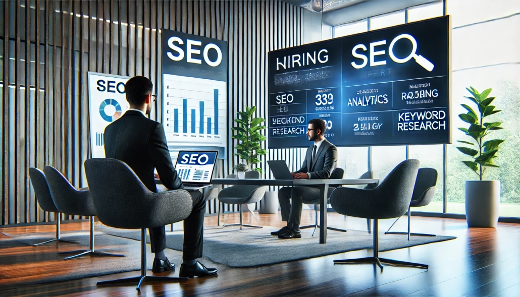 A modern office setting where a hiring manager is interviewing an SEO expert.