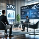 A modern office setting where a hiring manager is interviewing an SEO expert.