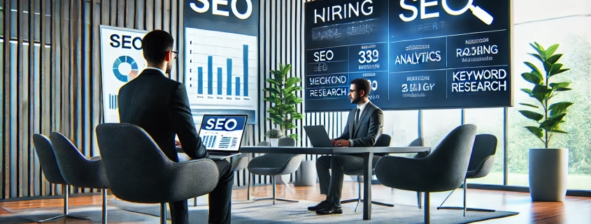 A modern office setting where a hiring manager is interviewing an SEO expert.